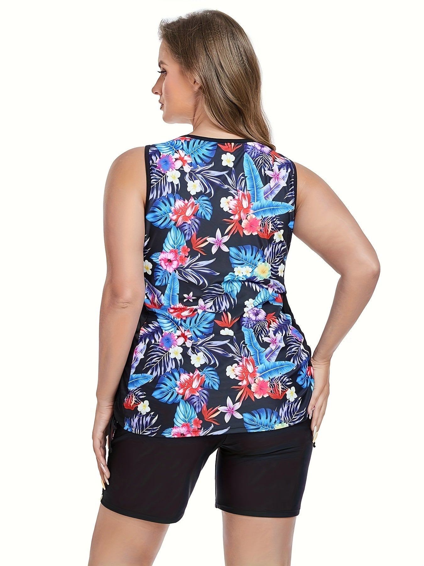Tropical Print Tankini Set Crisscross Front Tank Top & Shorts