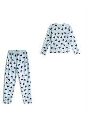 Heart Print Lounge Set Long Sleeve Top & Pants Women's Loungewear