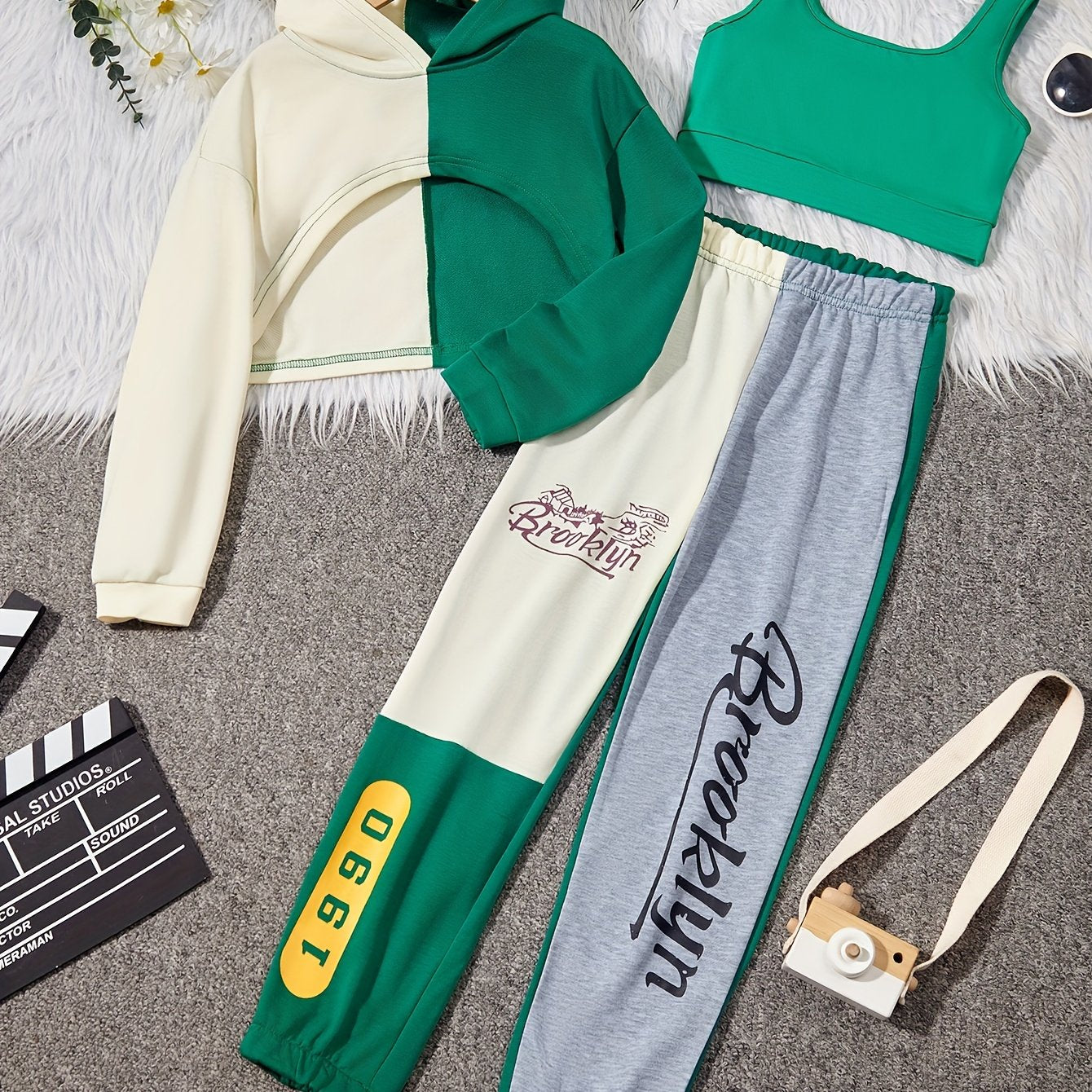 Girl's Hip Hop 3pc Outfit Set: Crop Hoodie, Tank Top, Sweatpants