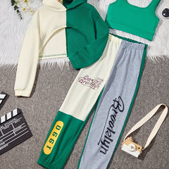 Girl's Hip Hop 3pc Outfit Set: Crop Hoodie, Tank Top, Sweatpants
