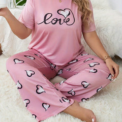 Heart Letter Graphic Pajama Set Round Neck Tee & Loose Pants 2 Piece