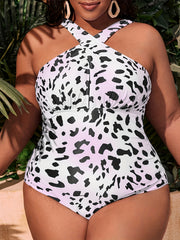 Tie Dye & Cow Print Halter One Piece Swimsuit