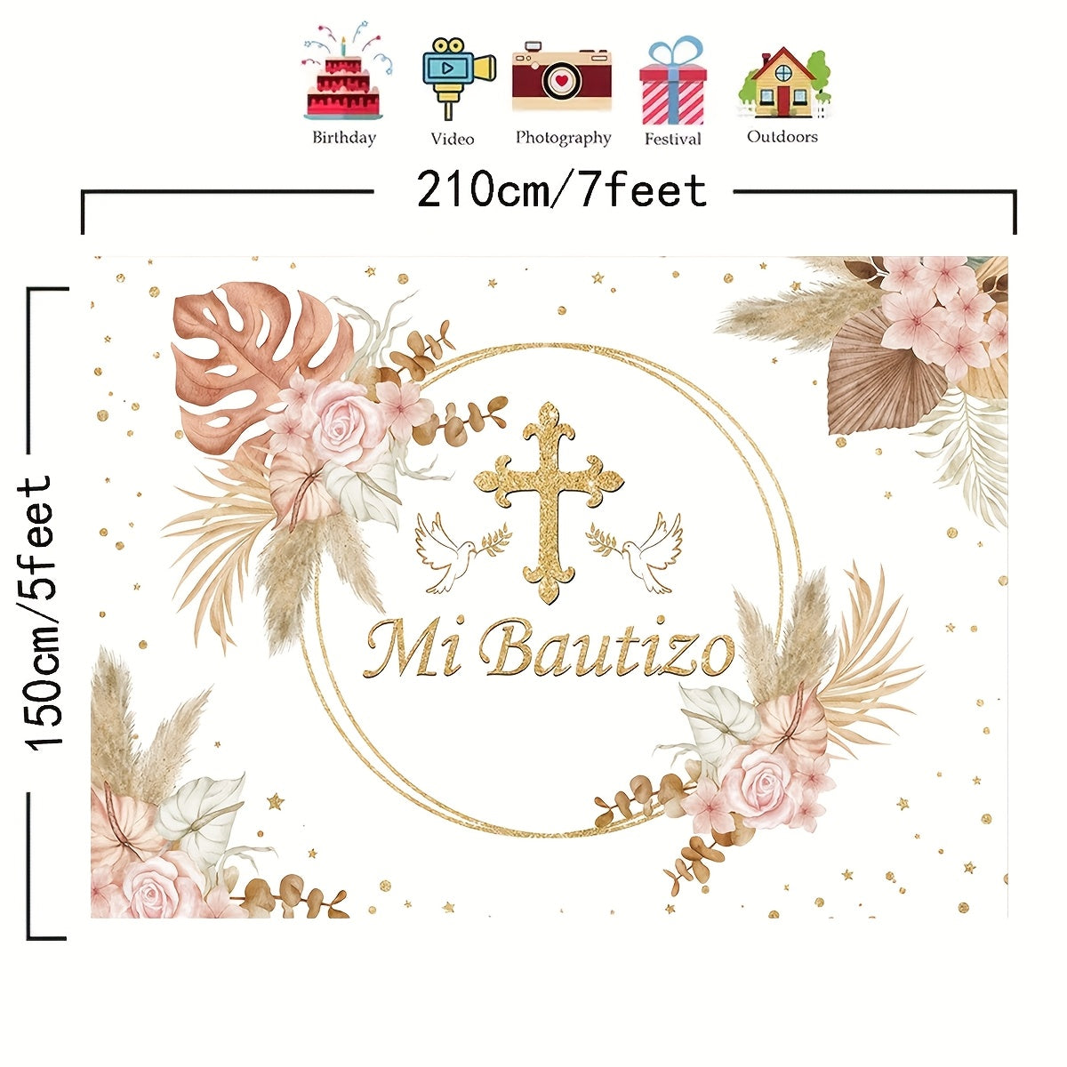 Pink Floral Baptism Banner with Golden Accents - Mi Baptizo Christening Backdrop