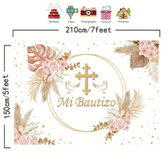 Pink Floral Baptism Banner with Golden Accents - Mi Baptizo Christening Backdrop