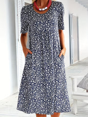 Floral Print Short Sleeve Round Neck Dress With Pockets