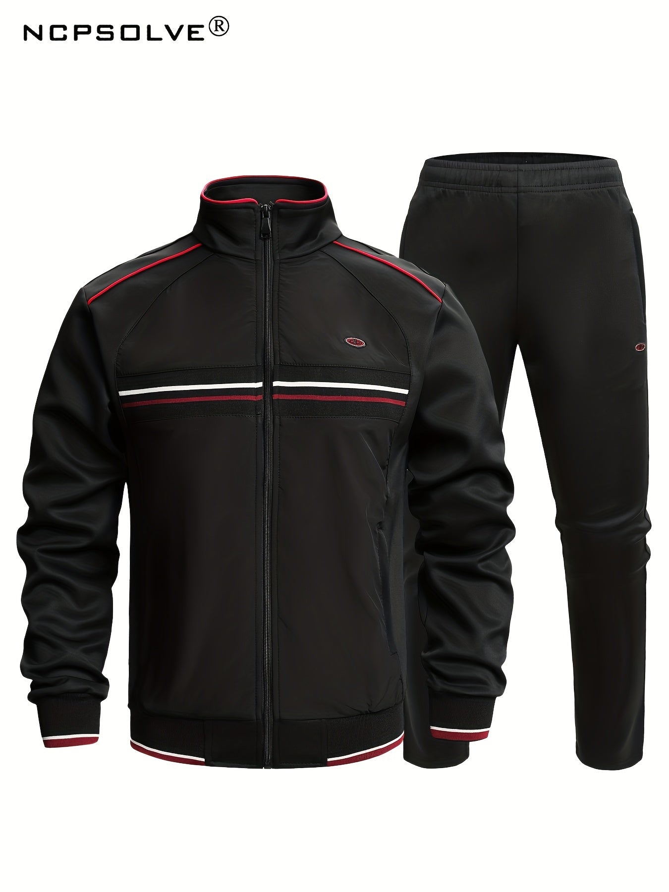 2pcs Men's Striped Stand Collar Sports Suit & Active Pants