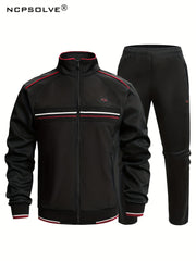 2pcs Men's Striped Stand Collar Sports Suit & Active Pants