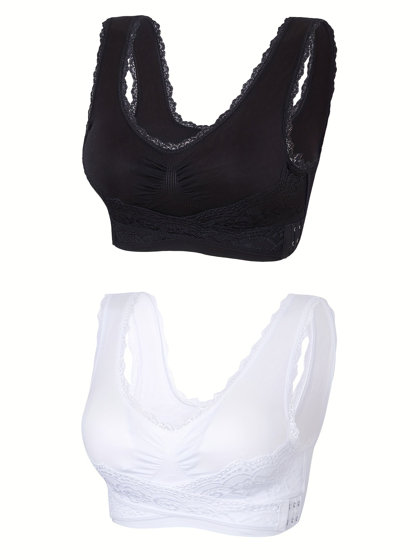 2 Pack Plus Size Sports Bra Set Women's Plus Contrast Lace Trim Cross Front Wire