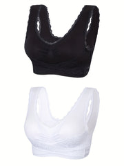 2 Pack Plus Size Sports Bra Set Women's Plus Contrast Lace Trim Cross Front Wire
