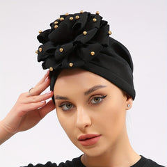 Golden Beads Flower Turban Head Scarf Elastic Beanie Cap