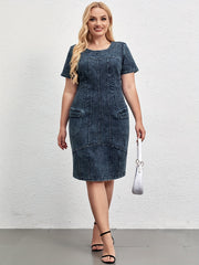 Denim Dress Women's Short Sleeve Round Neck Slim Fit Knee Length Dress
