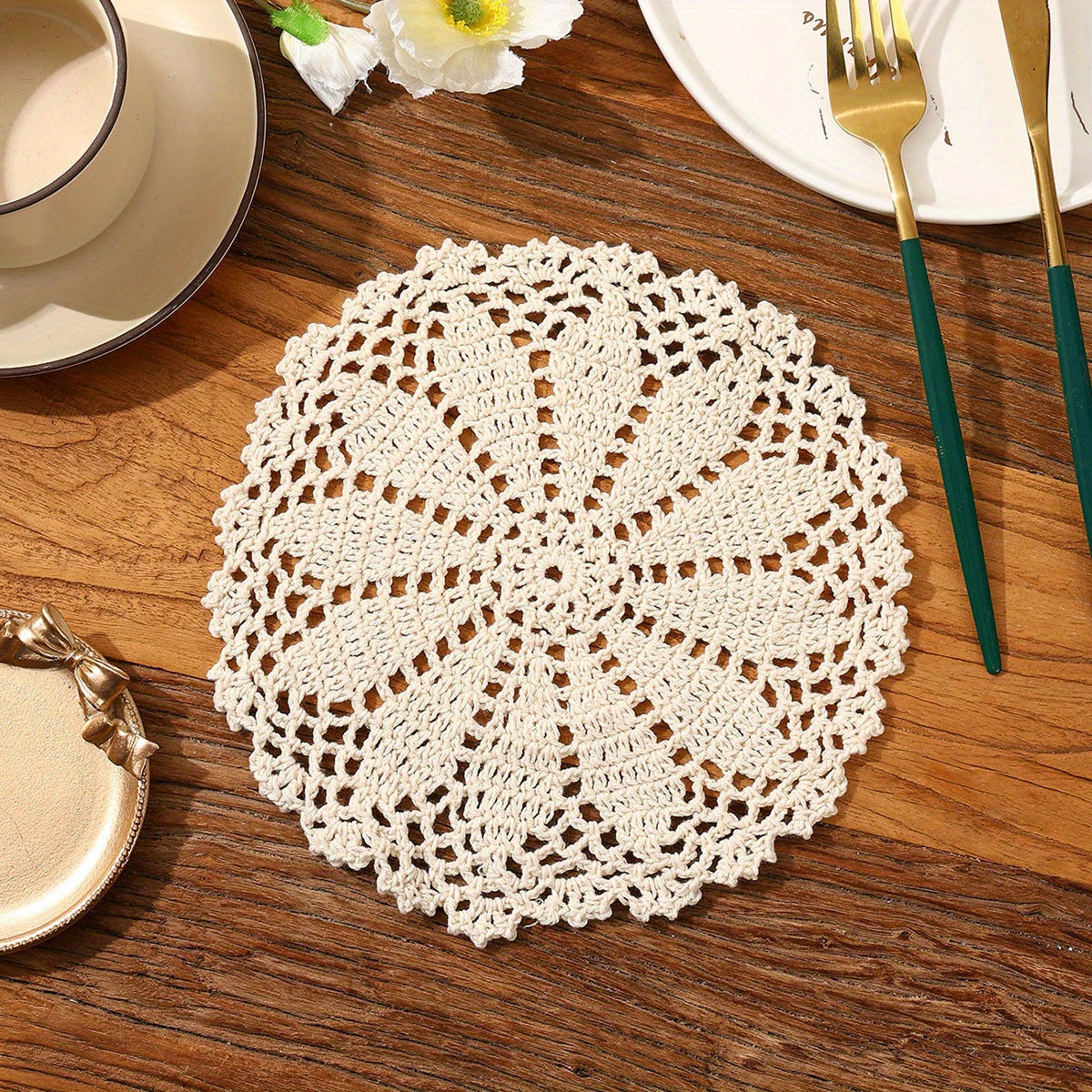 Beige Lace Coaster Doily Vintage Floral Hollow Out Anti-scalding Table Mat