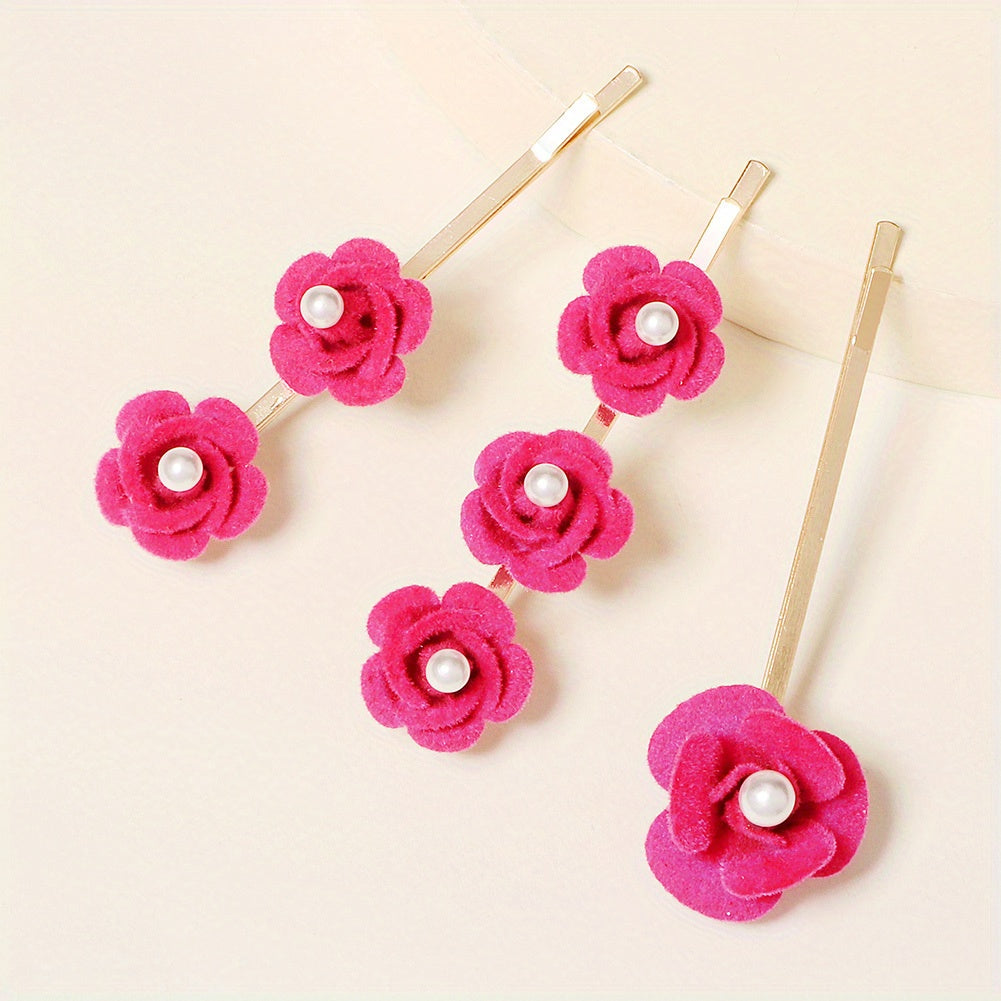3pcs Faux Pearl Flower Bobby Pin Retro Rose Side Clip