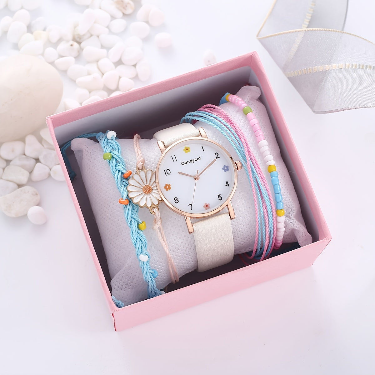 Girls Flower Quartz Watch Daisy Bracelet Set