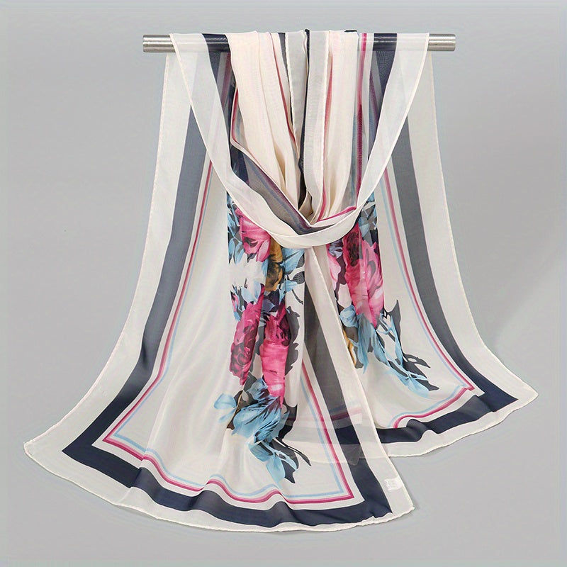 Flower Print Chiffon Scarf 150x04cm Elegant Sunscreen Silk Shawl