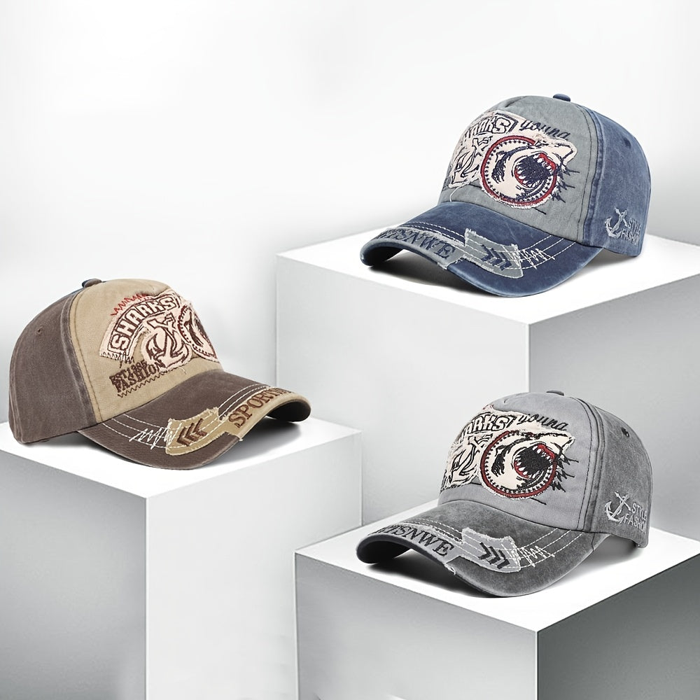 Men's Shark Patch Baseball Cap Vintage Washed Peaked Cap