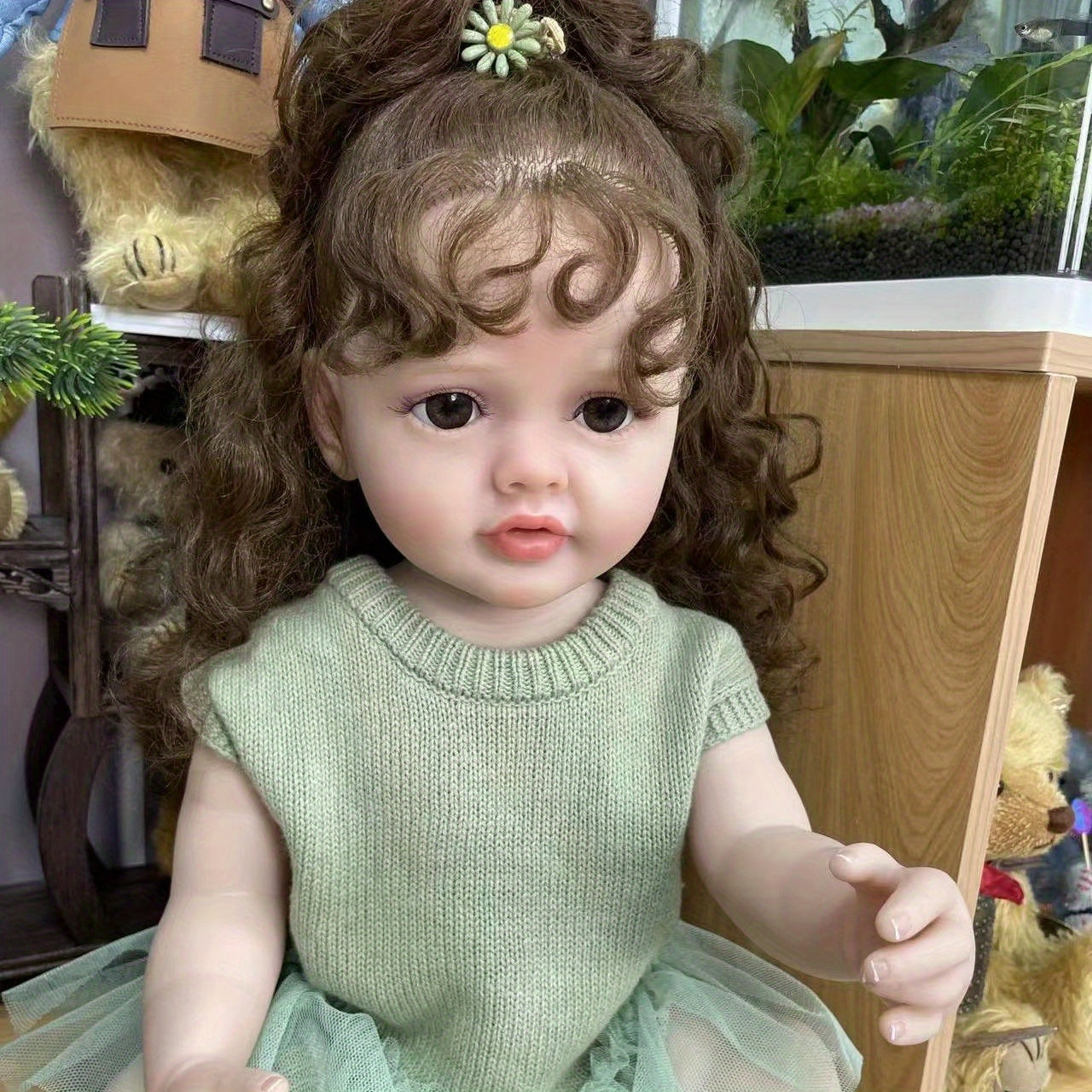 22 Inch Reborn Baby Dolls Lifelike Newborn Doll Curly Hair Full Vinyl Girl Doll