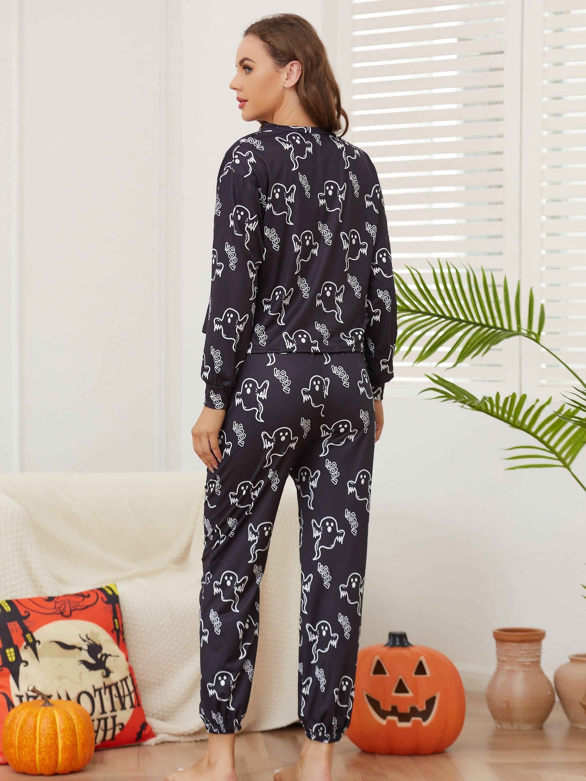 Halloween Ghost Print Pajama Set Long Sleeve Top & Pants Women's Sleepwear