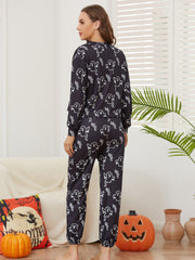 Halloween Ghost Print Pajama Set Long Sleeve Top & Pants Women's Sleepwear