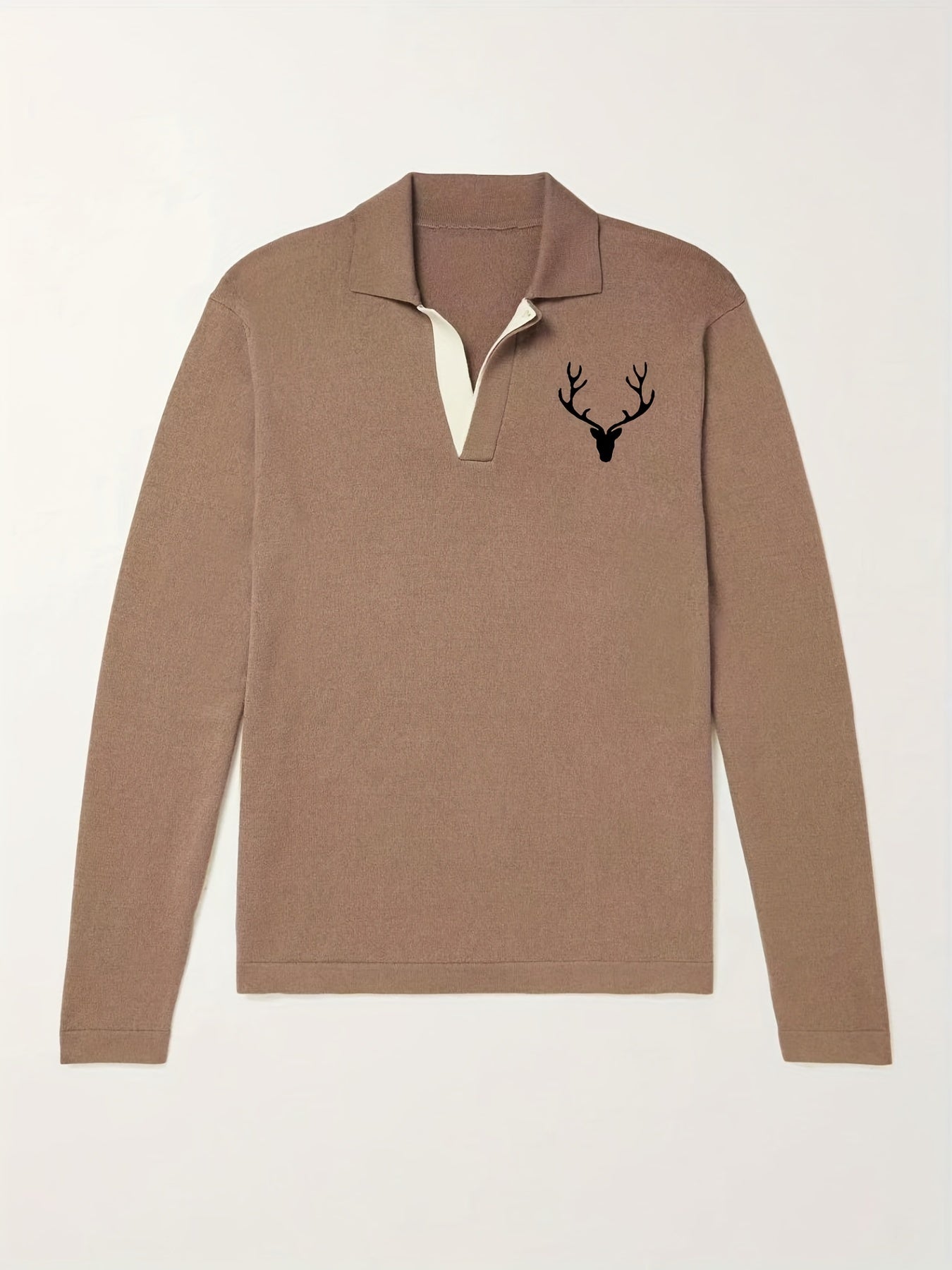 Deer Pattern Knit Polo Shirt Men's Casual Stretch V Neck Sweater