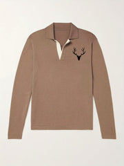 Deer Pattern Knit Polo Shirt Men's Casual Stretch V Neck Sweater