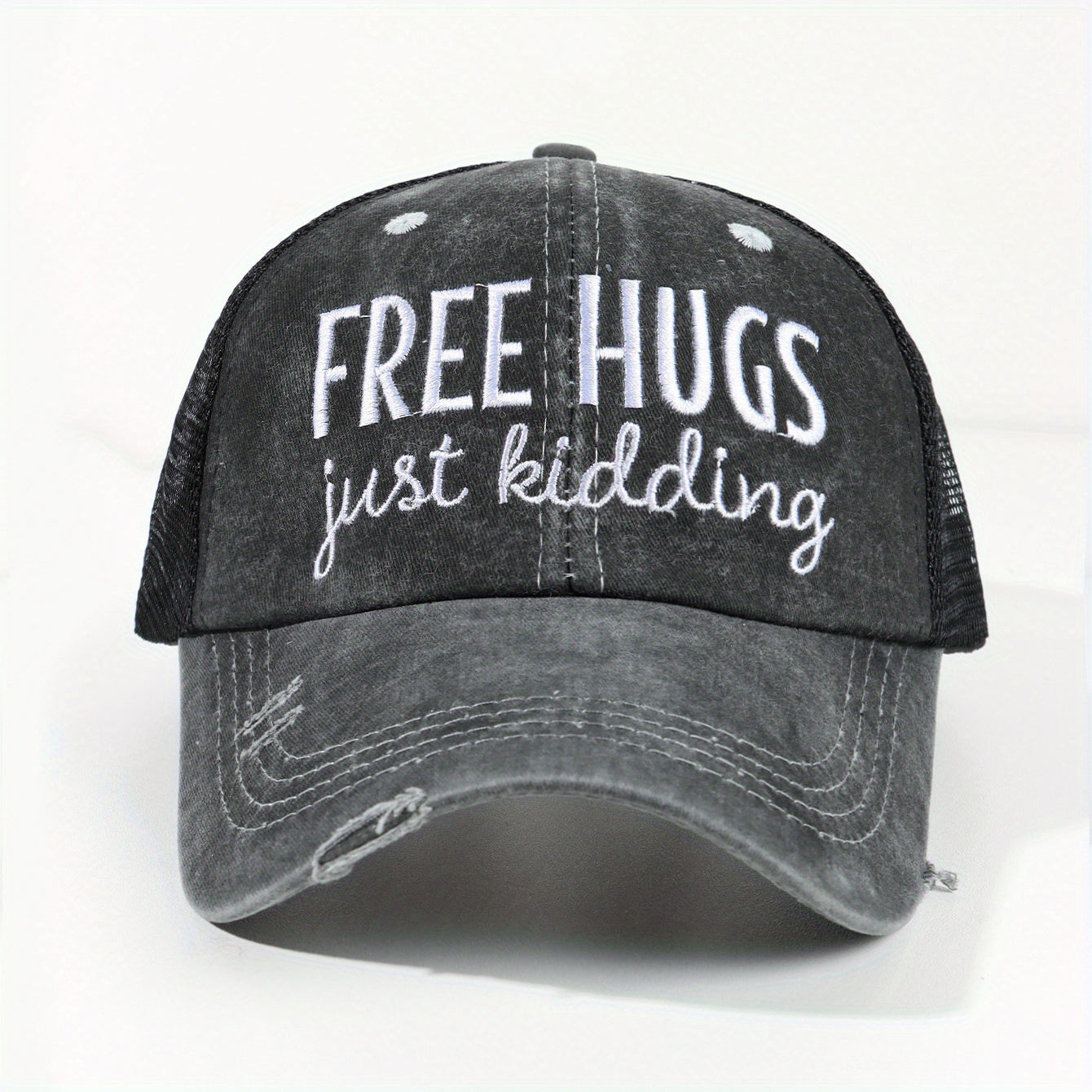 HUGS Ponytail Trucker Hats Washed Distressed Embroidery Baseball Cap