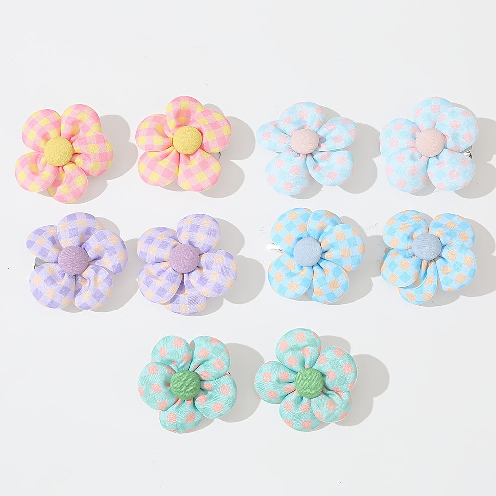 10pcs Girls Plaid Pattern Flower Hair Clips Side Clip Hair Accessories
