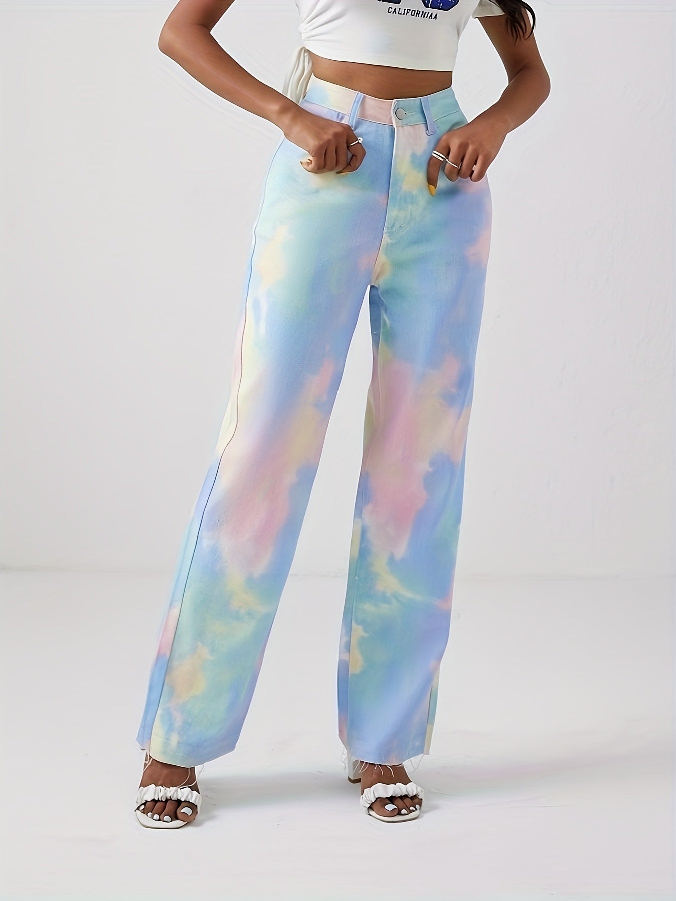 Tie Dye Straight Jeans Raw Cut Loose Fit Denim Pants