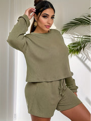 Waffle Long Sleeve Top & Drawstring Shorts Set