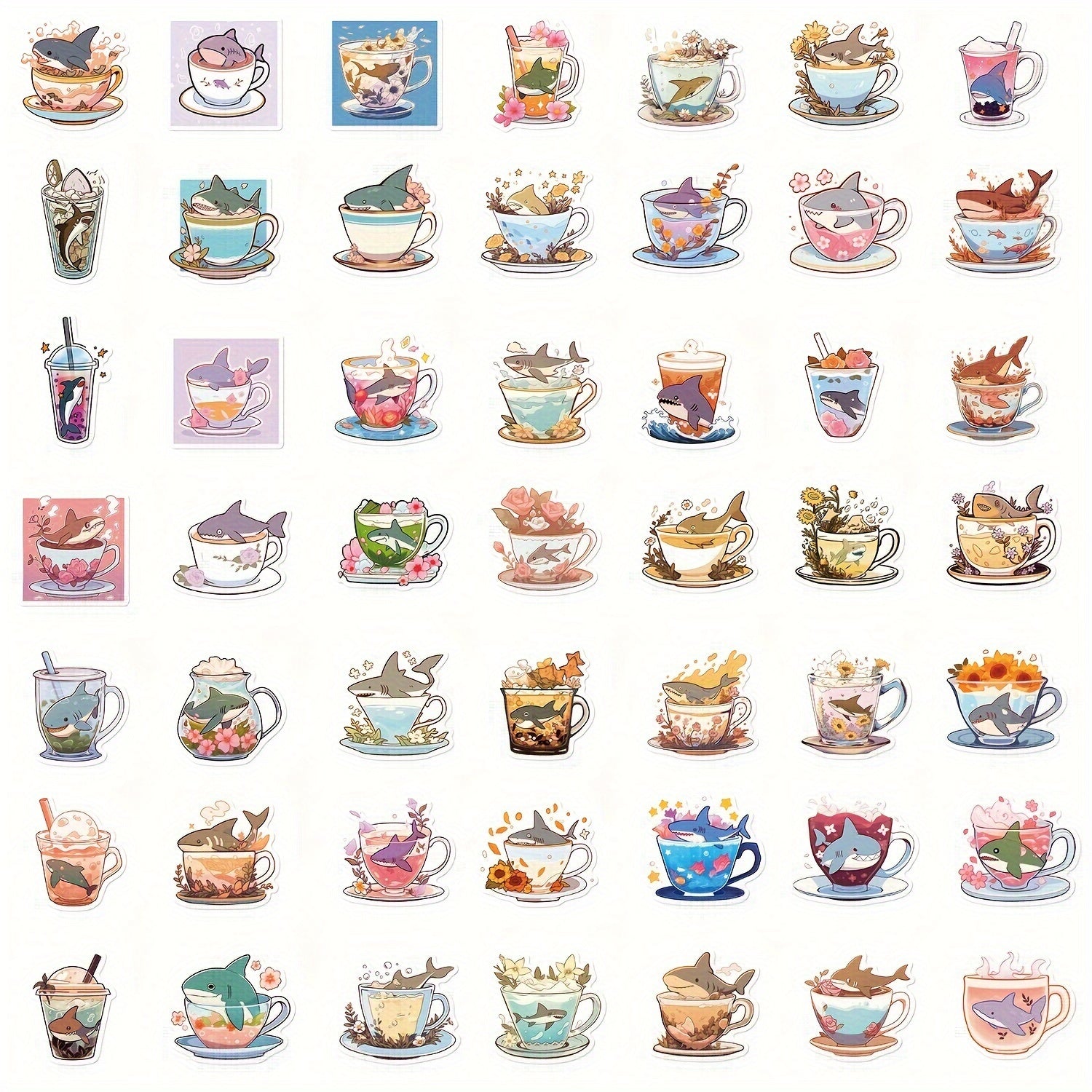 50pcs Cartoon Shark Cup Graffiti Stickers Waterproof