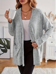 Solid Ribbed Long Sleeve Open Front Cardigan With Pockets