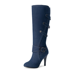 Women's Denim Heeled Long Boots Canvas Knee High Boots