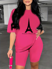 Paris Print Two piece Set Short Sleeve Crew Neck T Shirt & Shorts