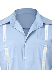 Stripe Print Men's Casual Camp Collar Cotton Short Sleeve Shirt