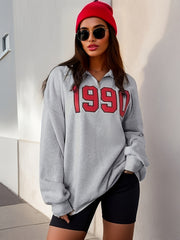 1990 Print Pullover Sweatshirt Long Sleeve Polo Collar for Fall & Winter