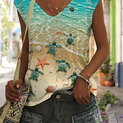 Turtles & Beach Print Tank Top V Neck Sleeveless Summer Women's Clothing