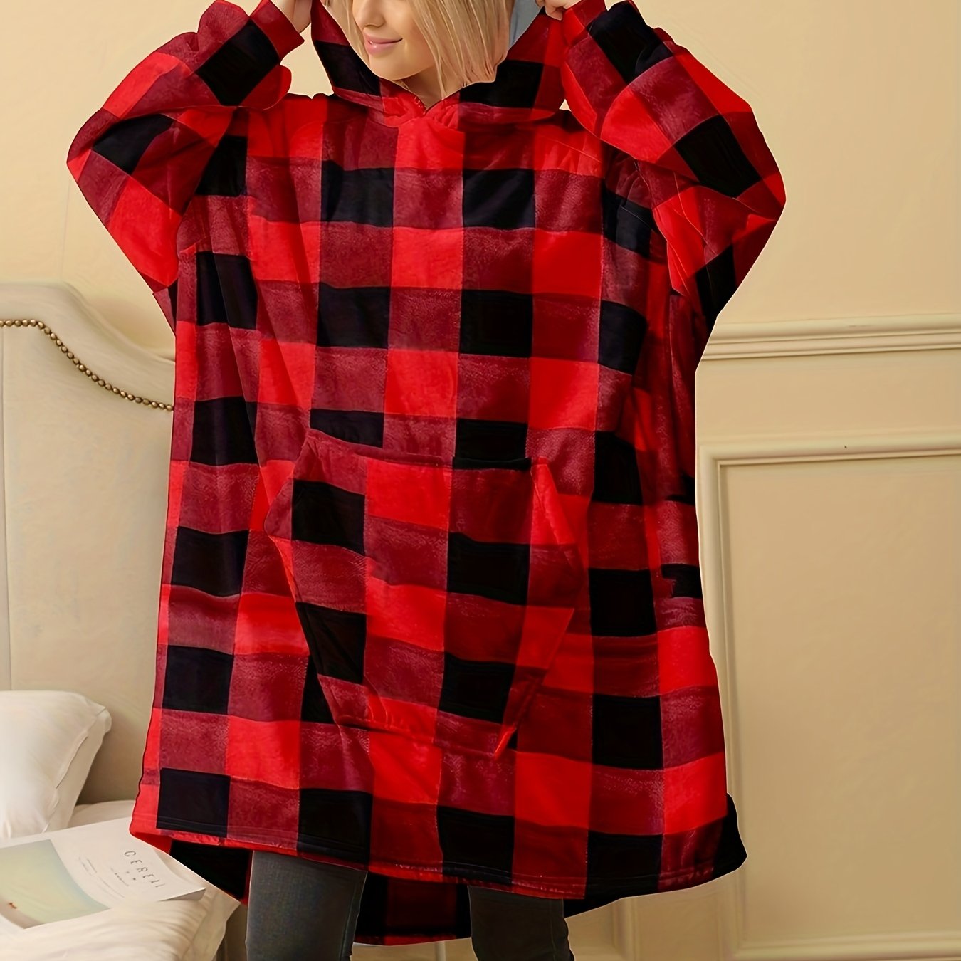 Plaid Print Hooded Sleep Top with Pockets