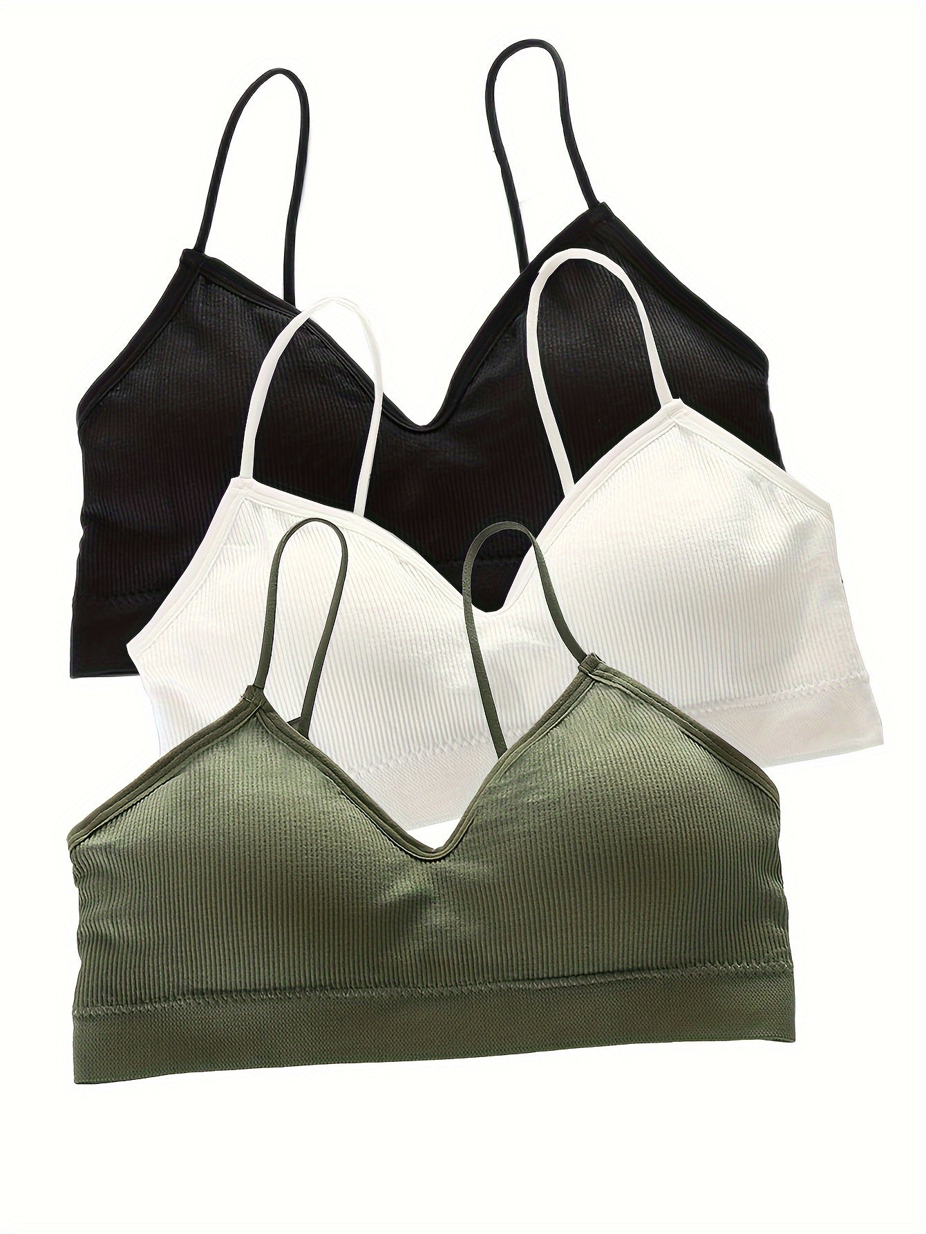 3pcs Solid Ribbed Cami Tops V Neck Comfy Women's Lingerie