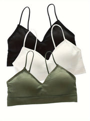 3pcs Solid Ribbed Cami Tops V Neck Comfy Women's Lingerie