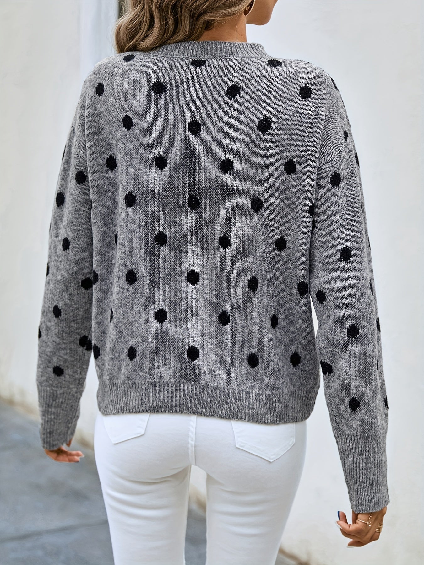 Polka Dot Crew Neck Pullover Sweater for Women