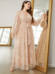 Sequin Fringe Lantern Sleeve Maxi Dress