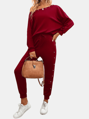 Beaded Decor Two piece Set Cold Shoulder Top & Joggers