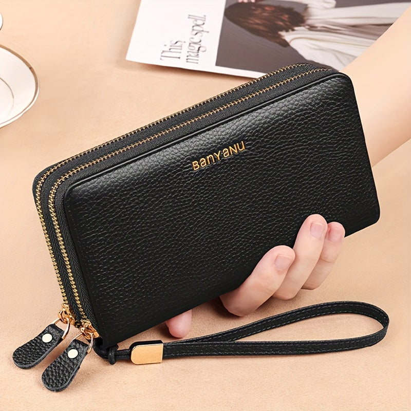 Leather Women'S Wallet with Double Zipper Wrist Strap in Brown and Dark Gray