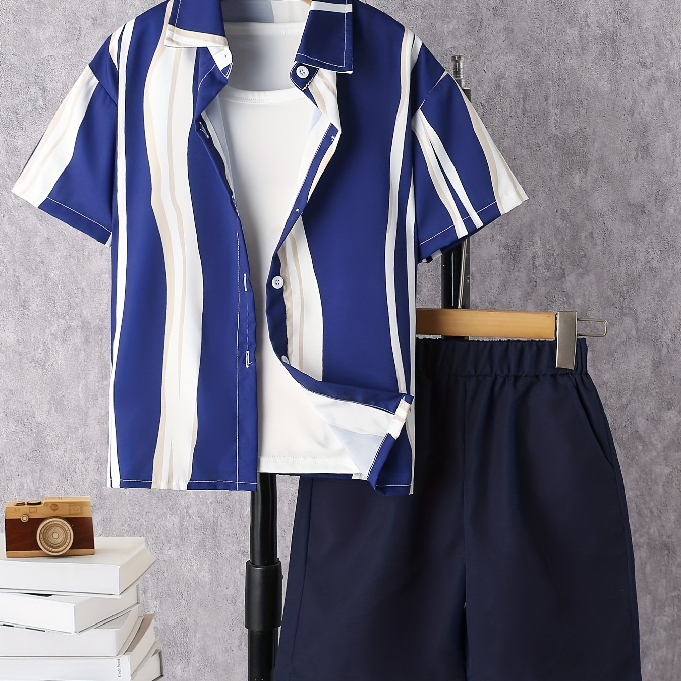 Boys Casual Striped Shirt&Shorts Set, Summer Kids Clothing