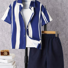 Boys Casual Striped Shirt&Shorts Set, Summer Kids Clothing