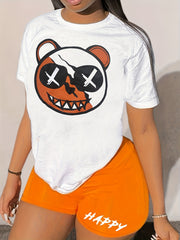 Colorblock Bear Print Crop Top & Shorts Set