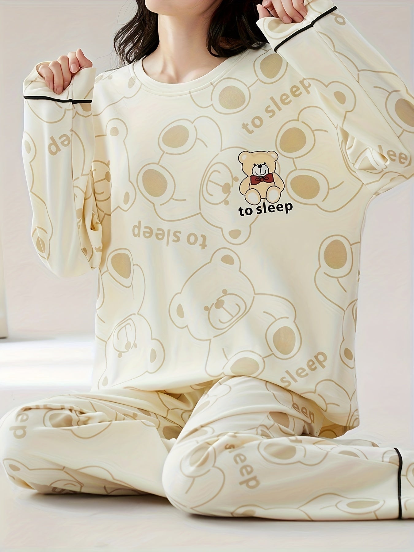 Bear Print Pajama Set Long Sleeve Crew Neck Top & Pants Women's Sleepwear