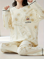 Bear Print Pajama Set Long Sleeve Crew Neck Top & Pants Women's Sleepwear