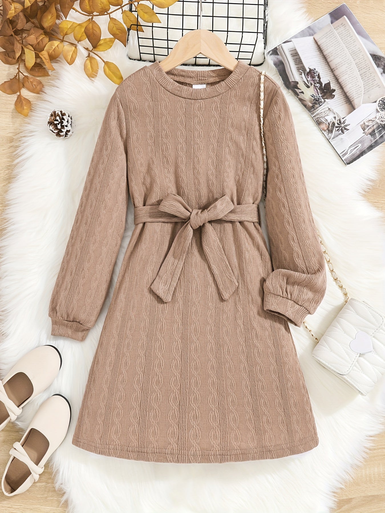 Girls' Vintage Jacquard Print Stretch Comfy Long Sleeve Dress