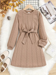 Girls' Vintage Jacquard Print Stretch Comfy Long Sleeve Dress